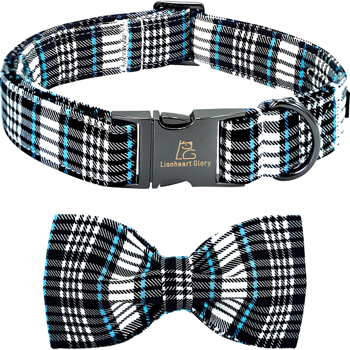 Lionheart Glory dog bow collar blue plaid front view highlights vibrant print for stylish walks.