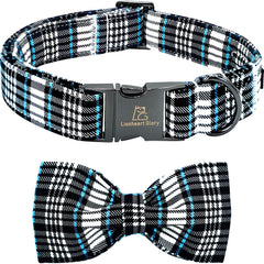 Lionheart Glory dog bow collar blue plaid front view highlights vibrant print for stylish walks.