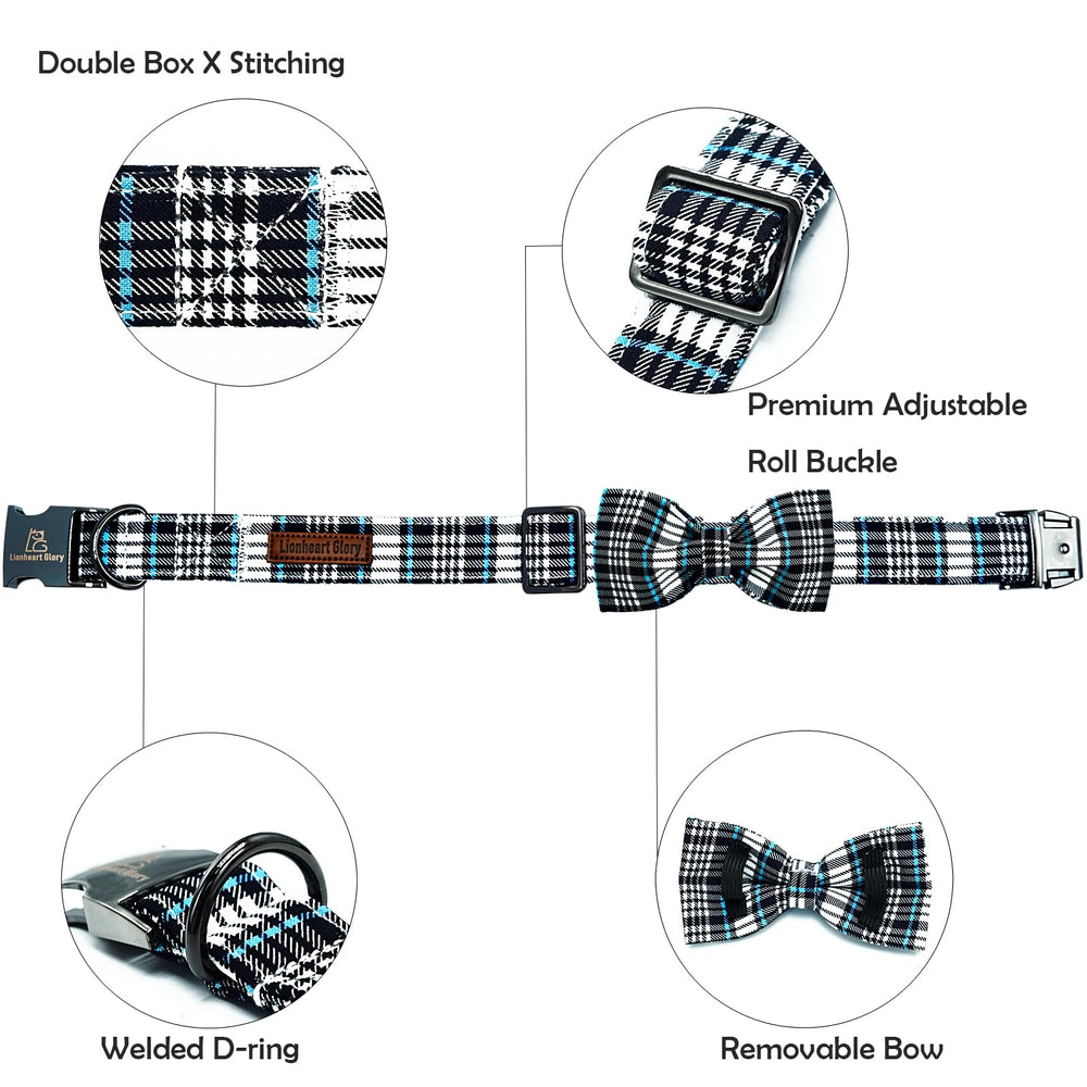 Lionheart Glory dog bow collar blue plaid side adjustable demonstrates flexible fit for comfort.