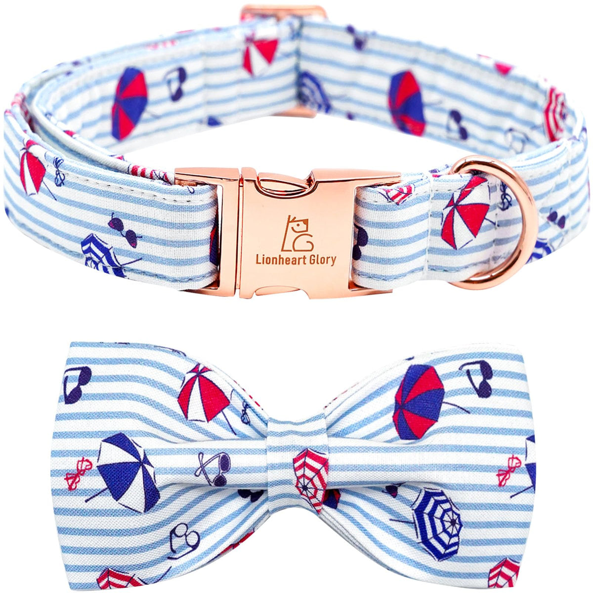 Lionheart glory dog collar with bow on blue stripe, adjustable fit for medium dogs; perfect for everyday walks.