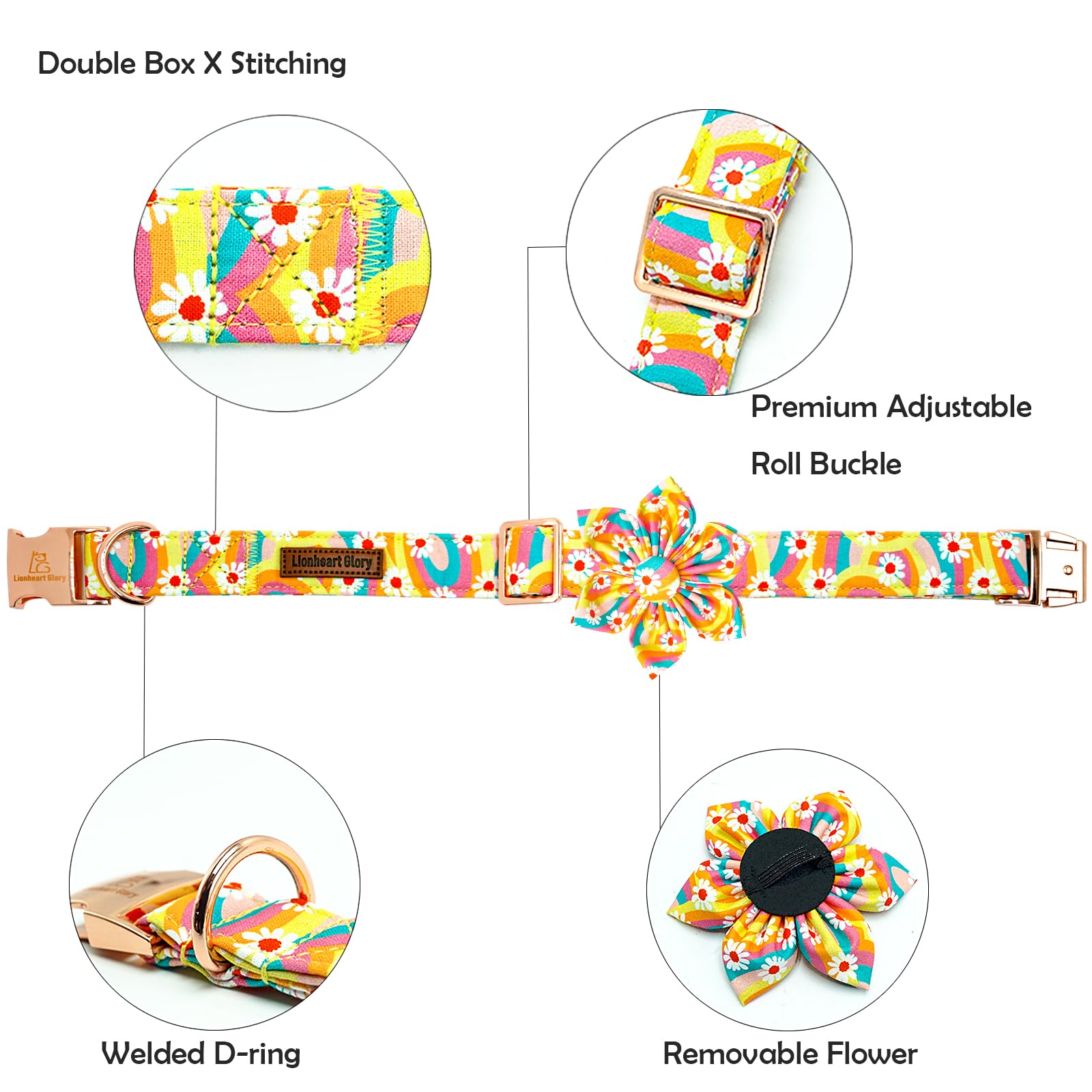 Lionheart glory dog collar features sunflower pattern for a cheerful spring look.