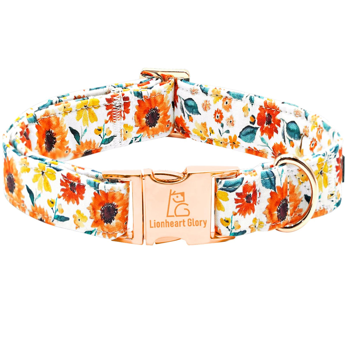 Lionheart Glory dog collar sunflower print cotton offers soft comfort for sunny walks.