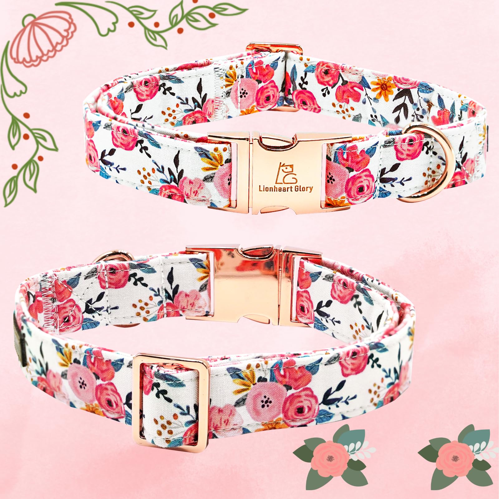 Lionheart glory Floral Dog Collar with D-ring for secure leash attachment