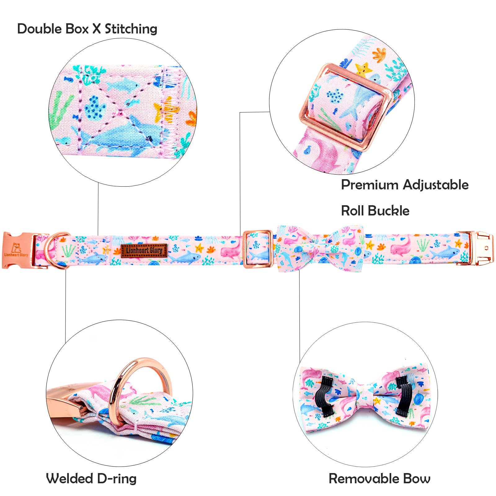 Lionheart Glory pink dog collar Sea Animals closeup highlighting durability for outdoor adventures.