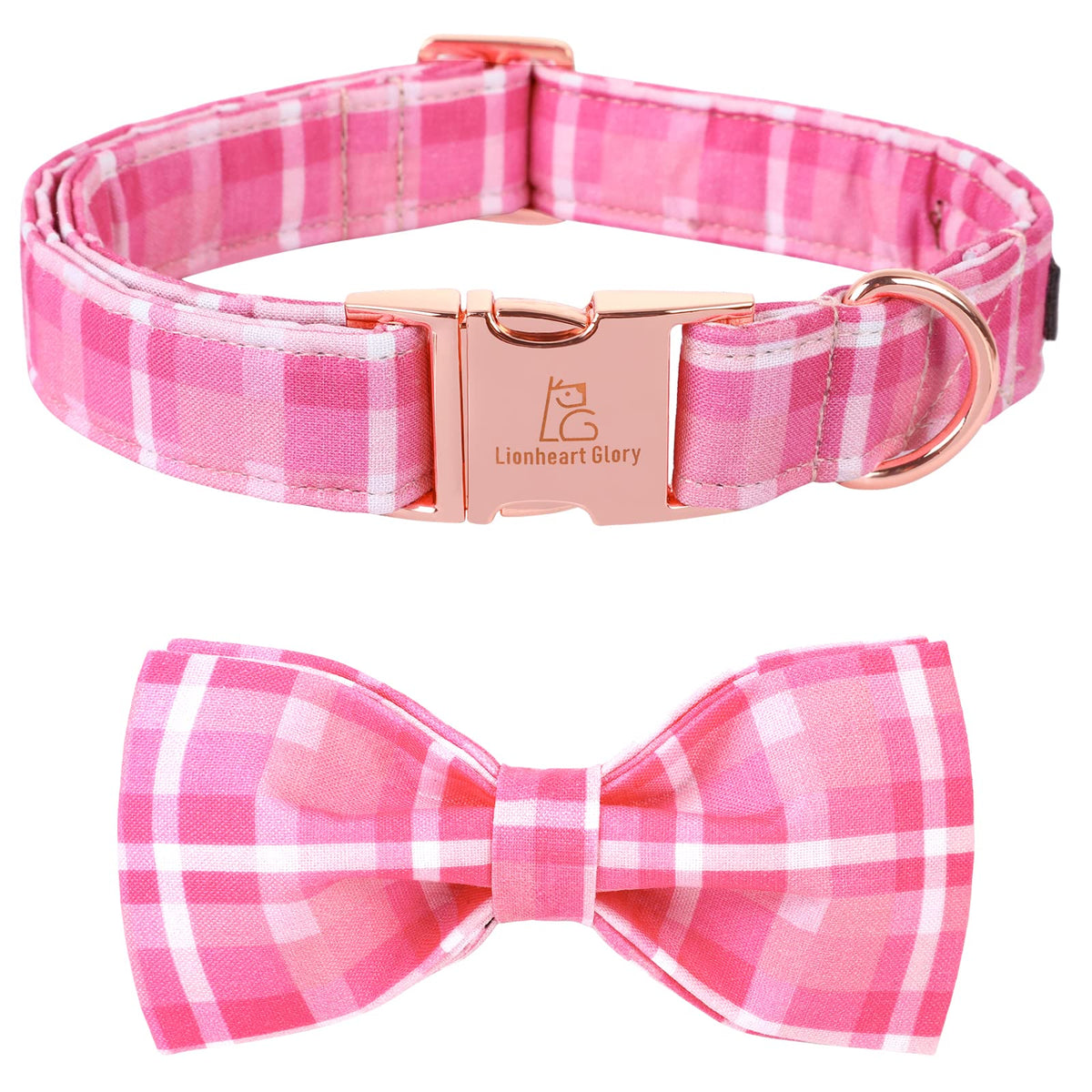 Lionheart Glory pink plaid dog collar with bowtie, a soft cotton option for daily wear.