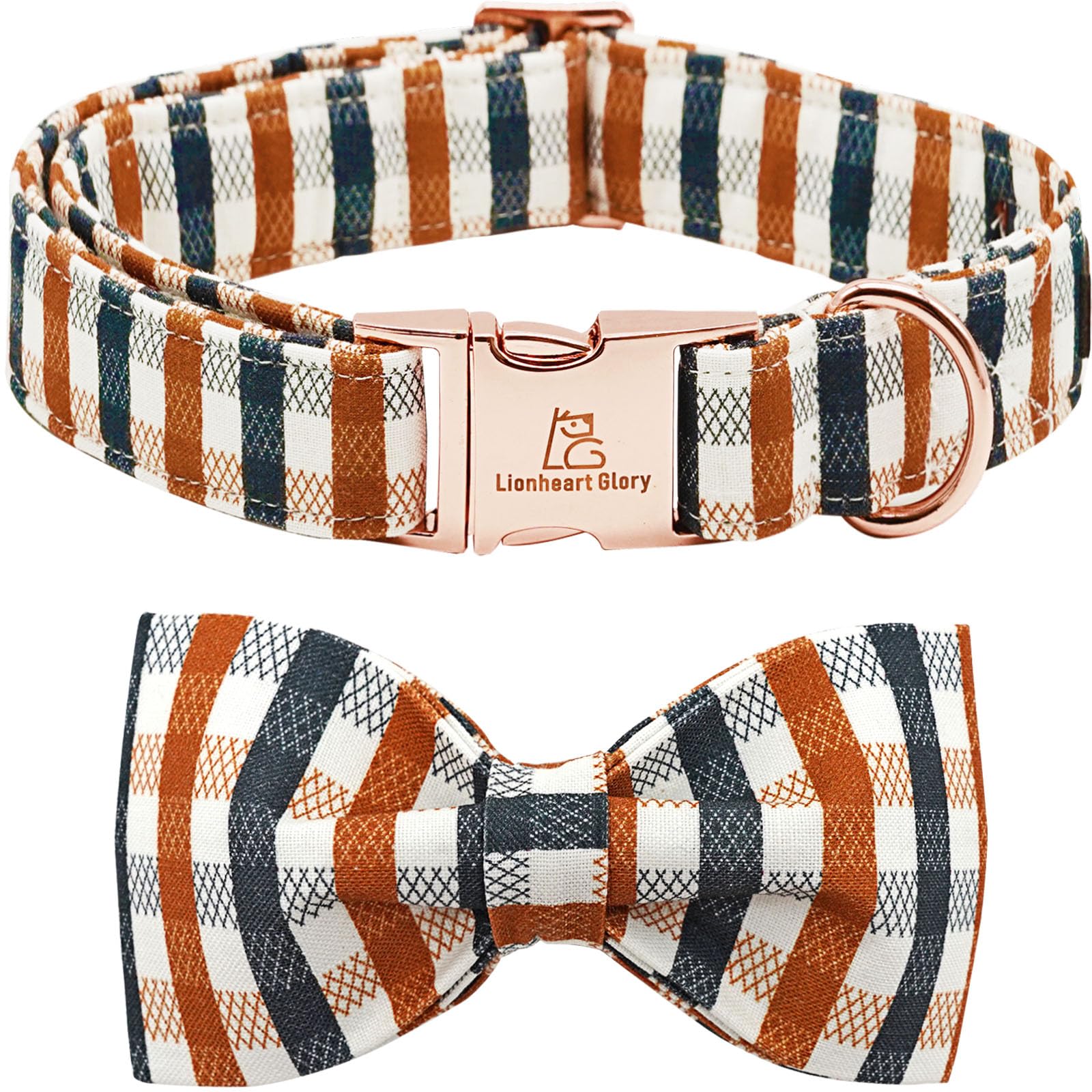 Lionheart Glory plaid dog collar with durable D-ring and soft cotton for daily wear.