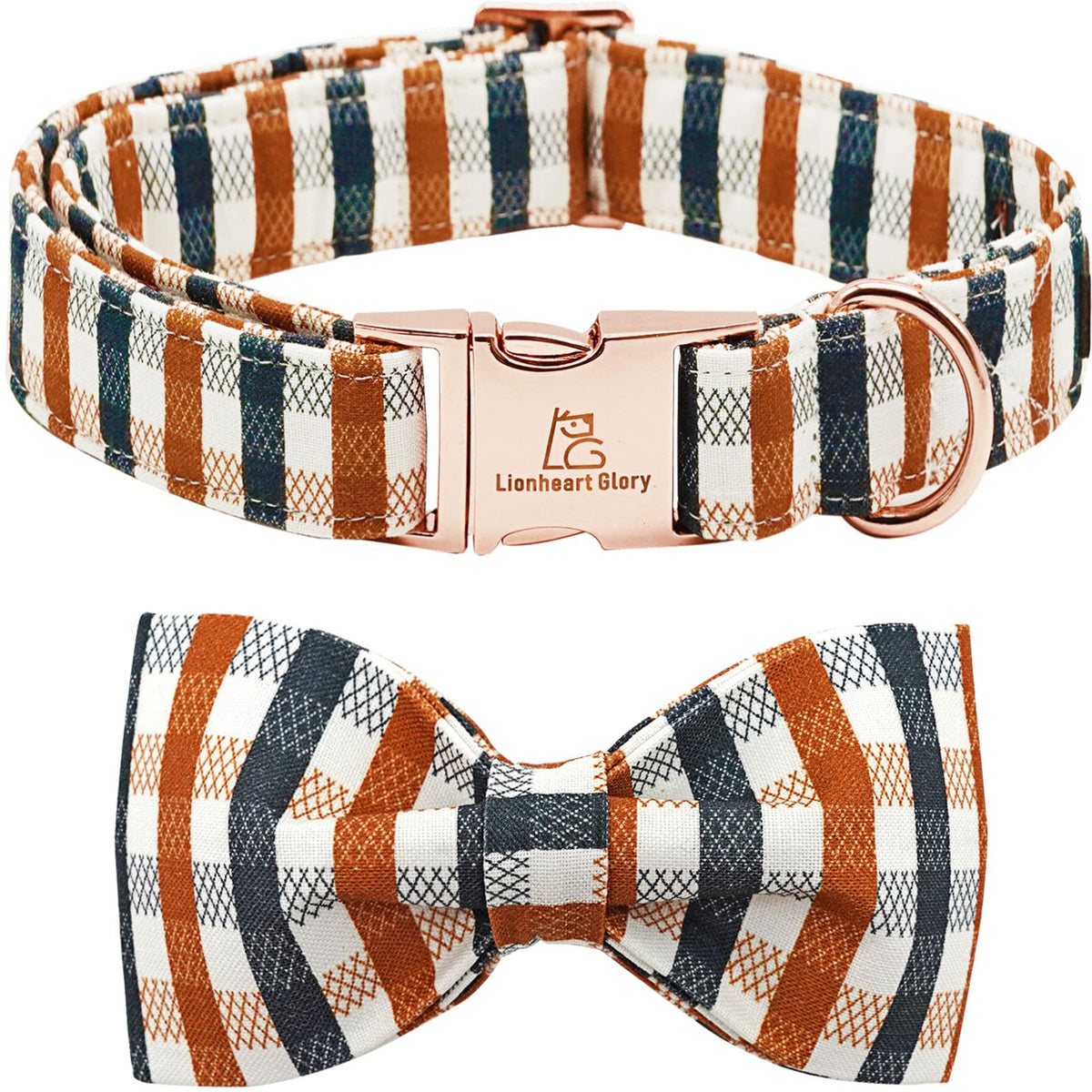 Lionheart Glory plaid dog collar with durable D-ring and soft cotton for daily wear.