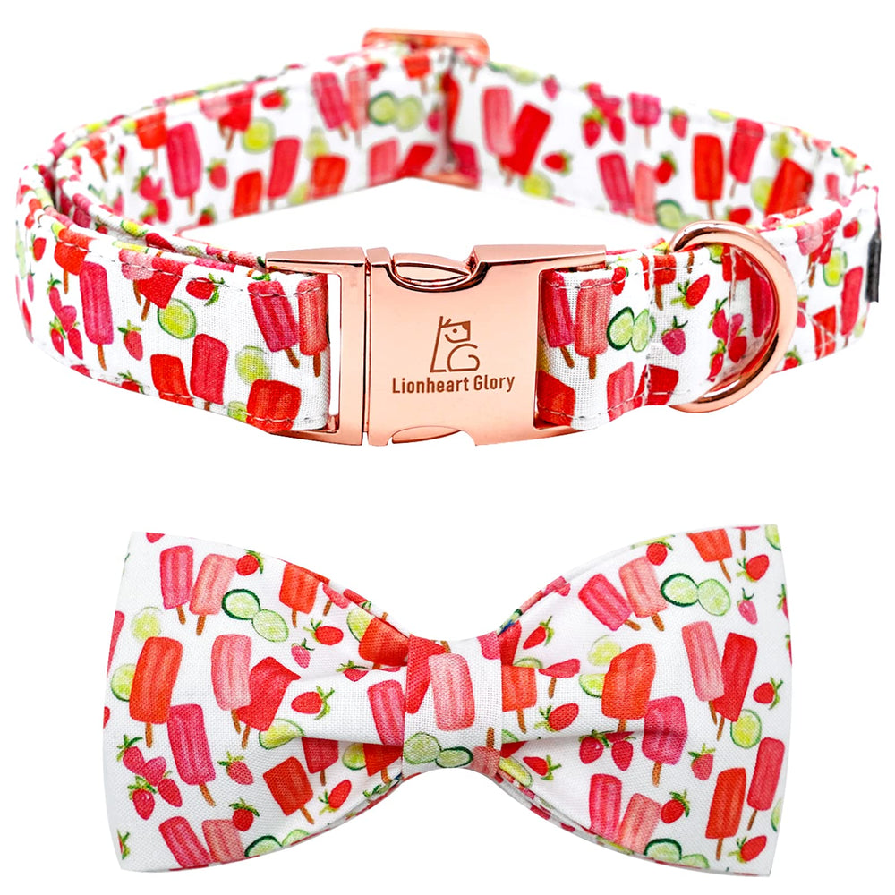 Lionheart Glory popsicle print dog collar close-up with handmade bow for summer style.