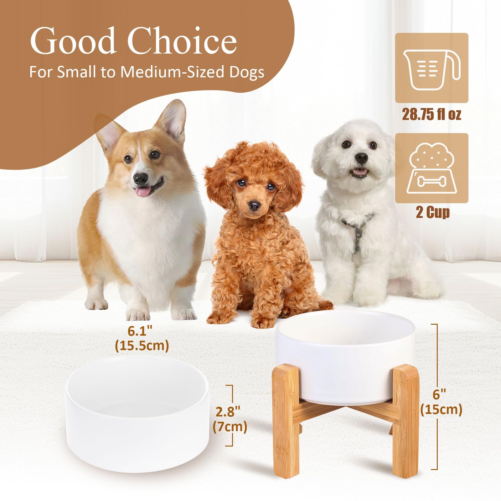 LIONWEI raised ceramic bowl with wood stand shown in closeup for stability.
