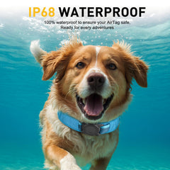 LIOPARD AirTag collar showing IP68 waterproof protection for rain and water play