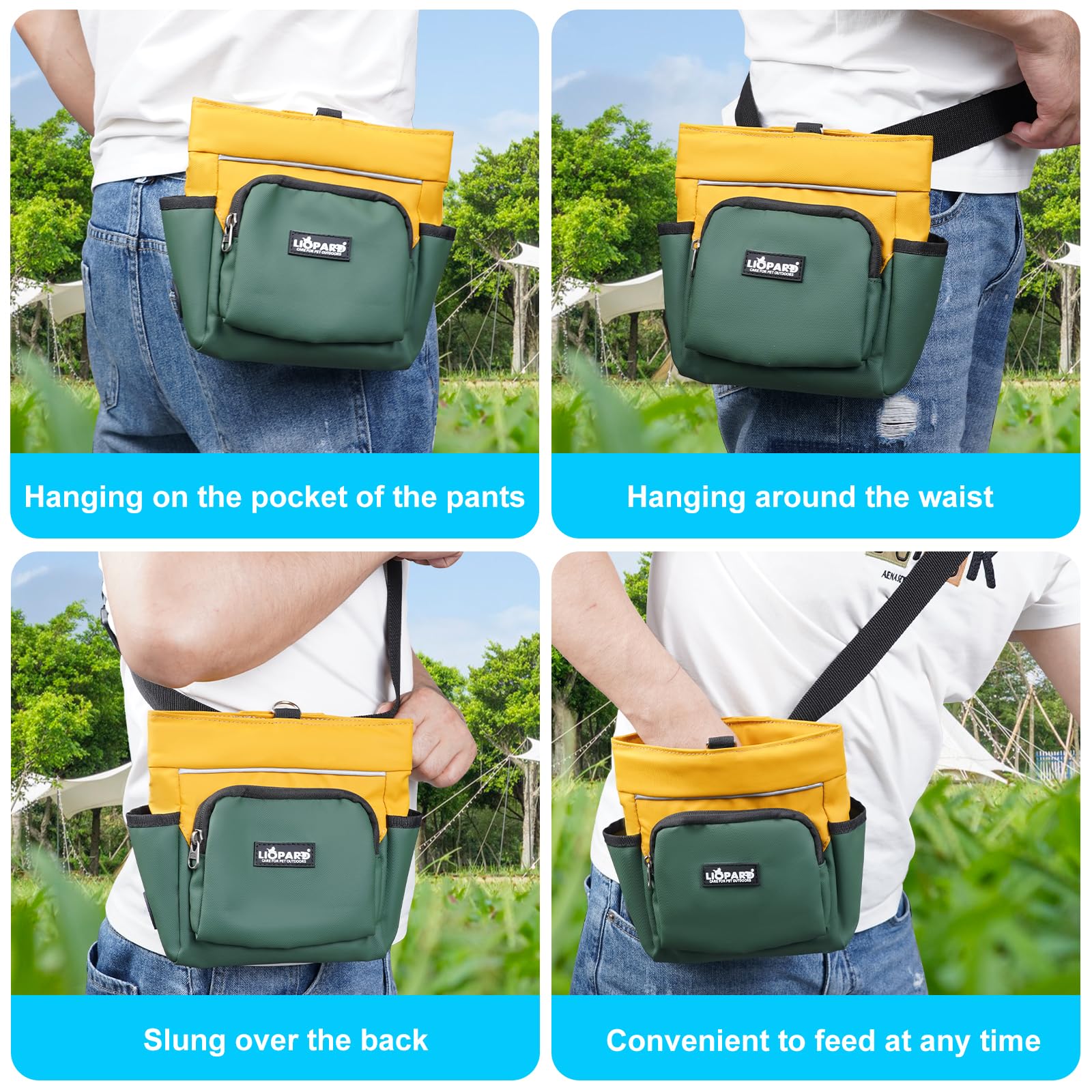 LIOPARD front-pocket design fits phone and keys for quick access during walks.