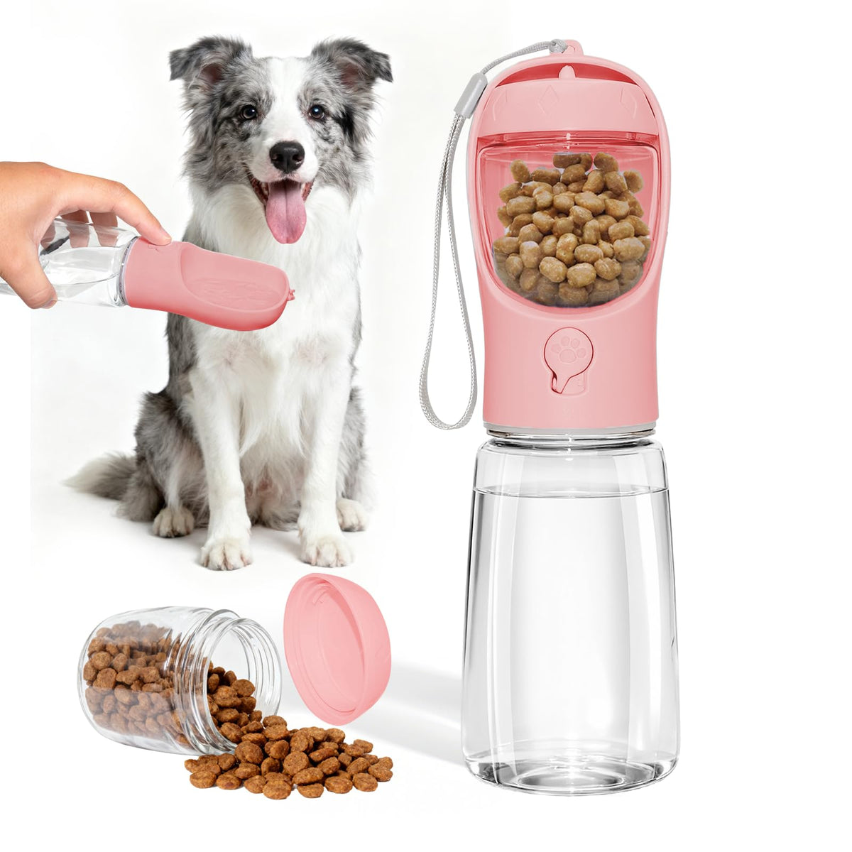 Liphier dog water bottle front view highlights portable 2-in-1 hydration and feeding