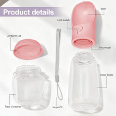 Liphier dog water bottle side view shows built-in food container for snacks on trips