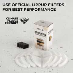 LIPPUP activated carbon filter close-up showing odor removal and chlorine reduction.