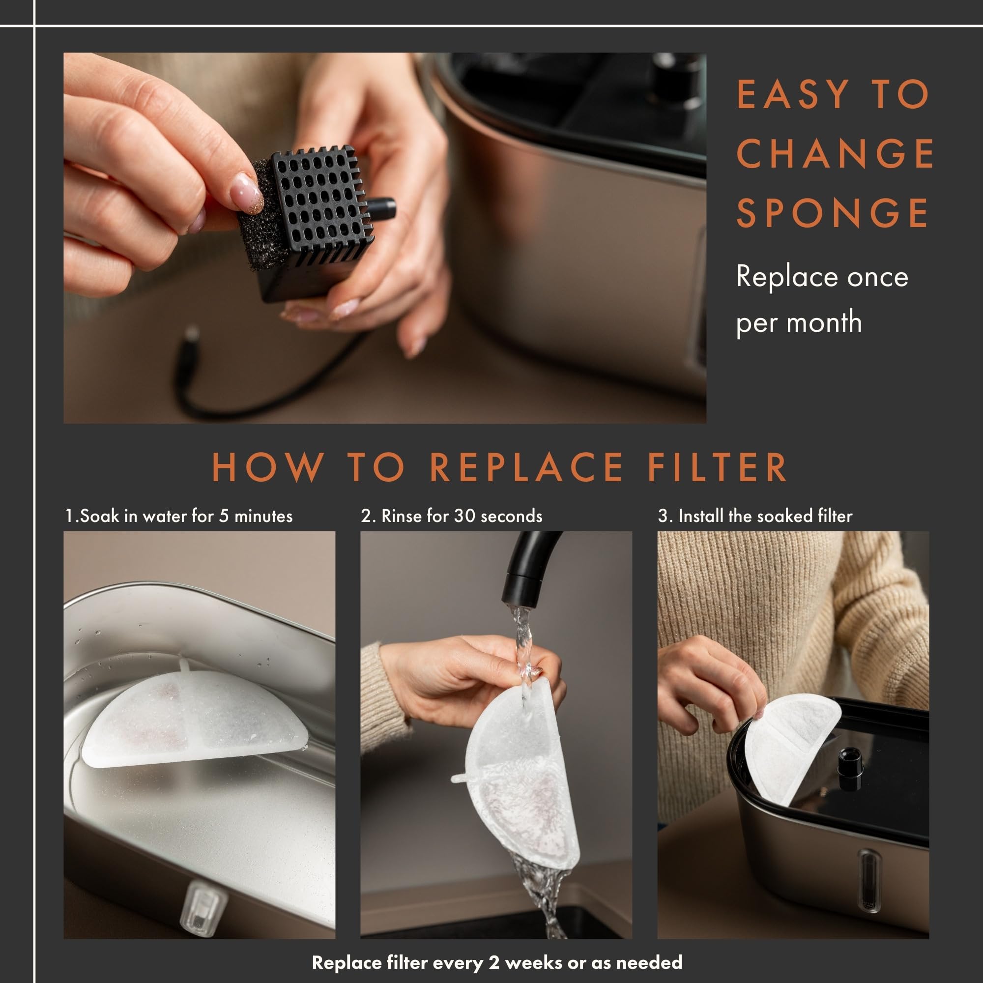 LIPPUP fountain installation step image highlights easy 3–5 minute rinse.