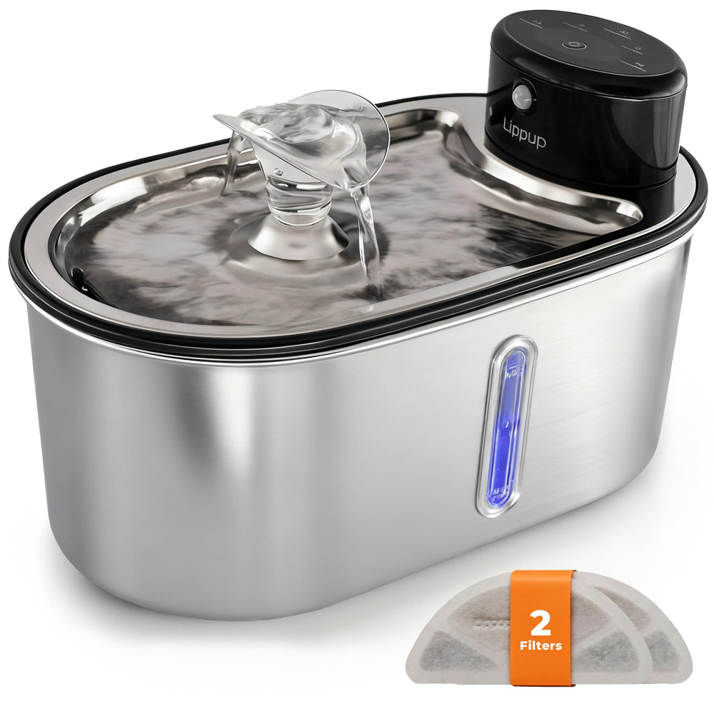 LIPPUP wireless cat water fountain front view showing 108oz capacity for busy households