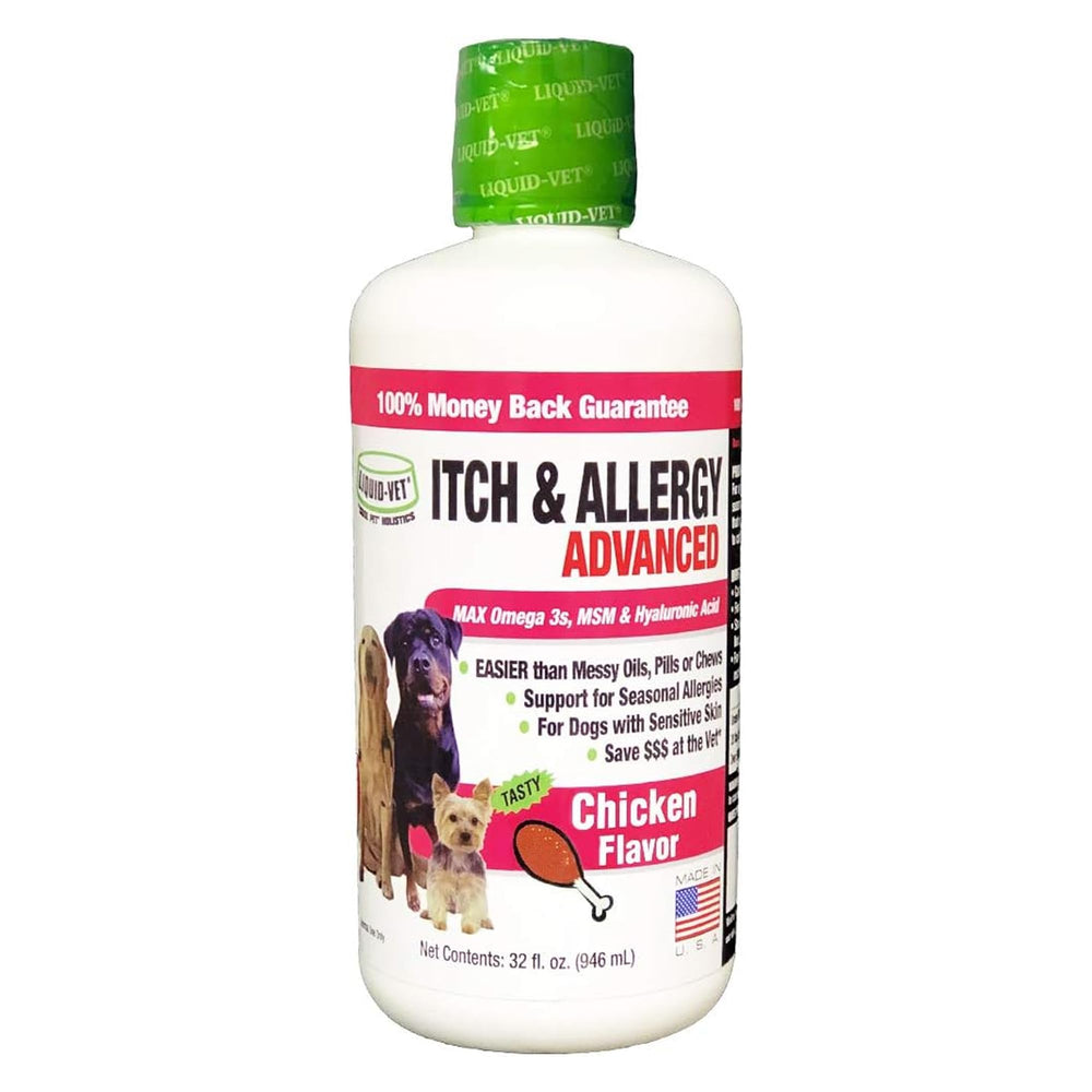 LIQUID-VET K9 Itch & Allergy chicken bottle for easy administration and skin support.