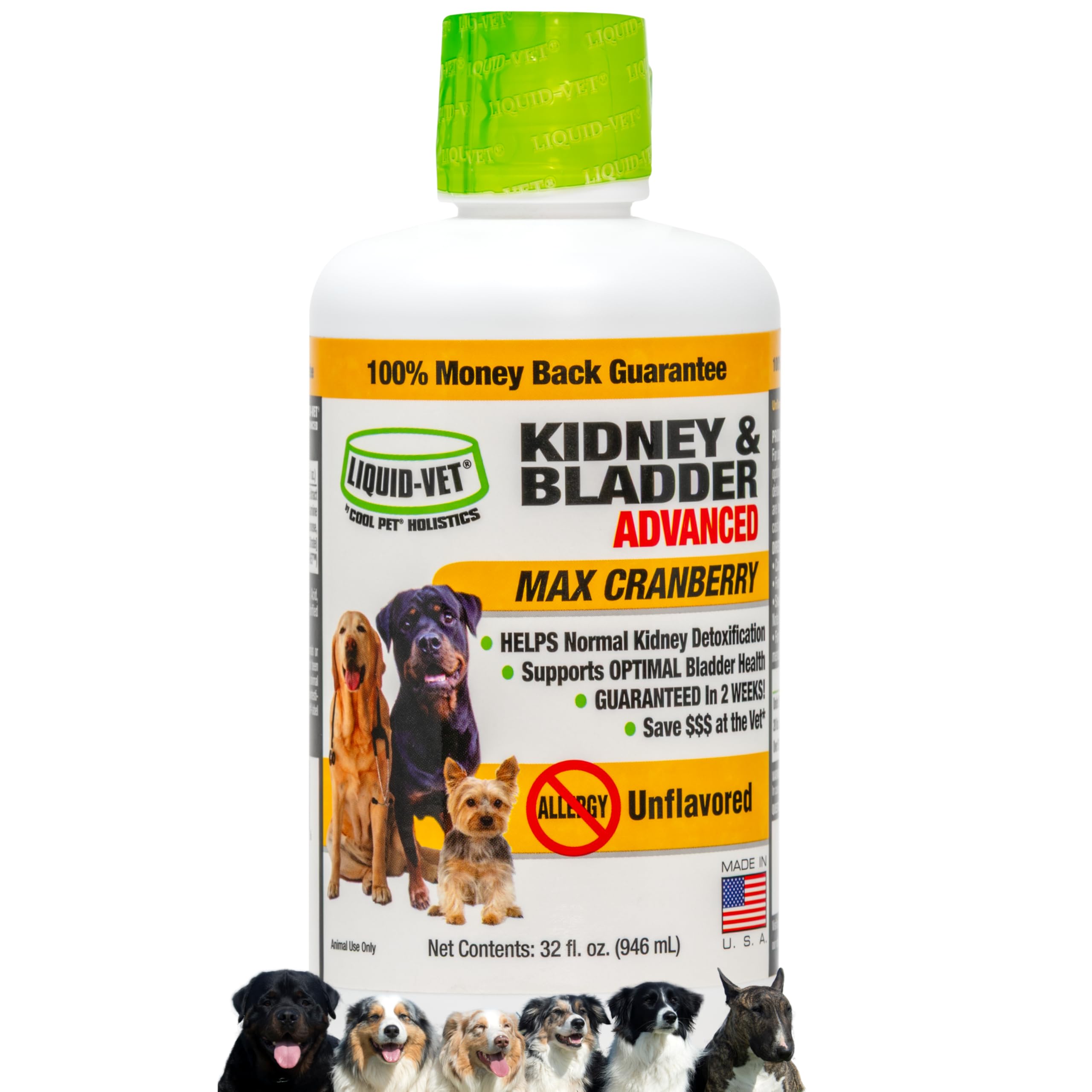Liquid Vet bottle highlighting kidney & bladder formula for easy dosing