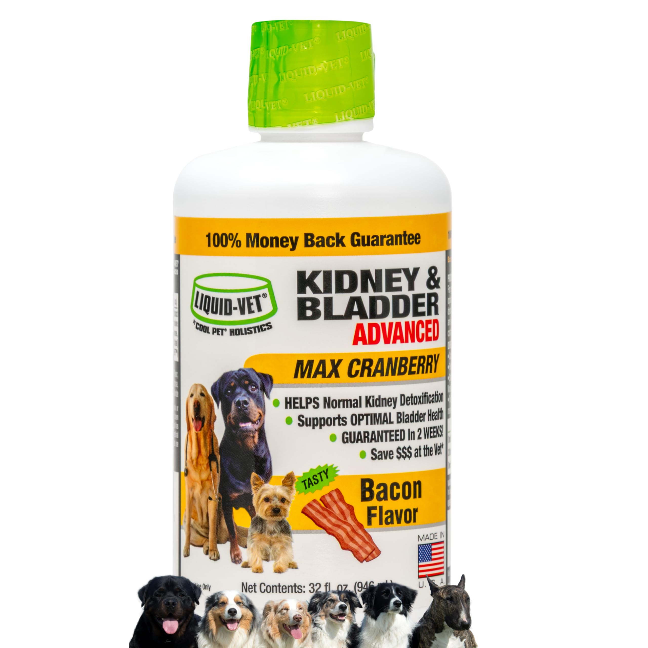 LIQUID-VET kidney and bladder formula bottle close-up for easy meal dosing.