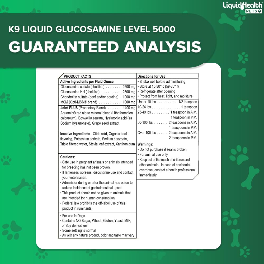 LIQUIDHEALTH K9 glucosamine gluten-free formula on label