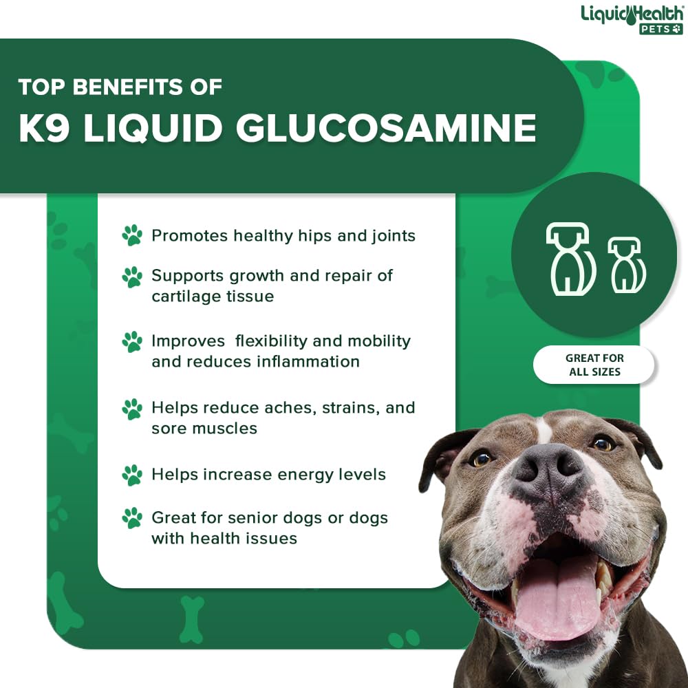 LIQUIDHEALTH K9 Glucosamine ingredients chart shows MSM and Hyaluronic Acid.