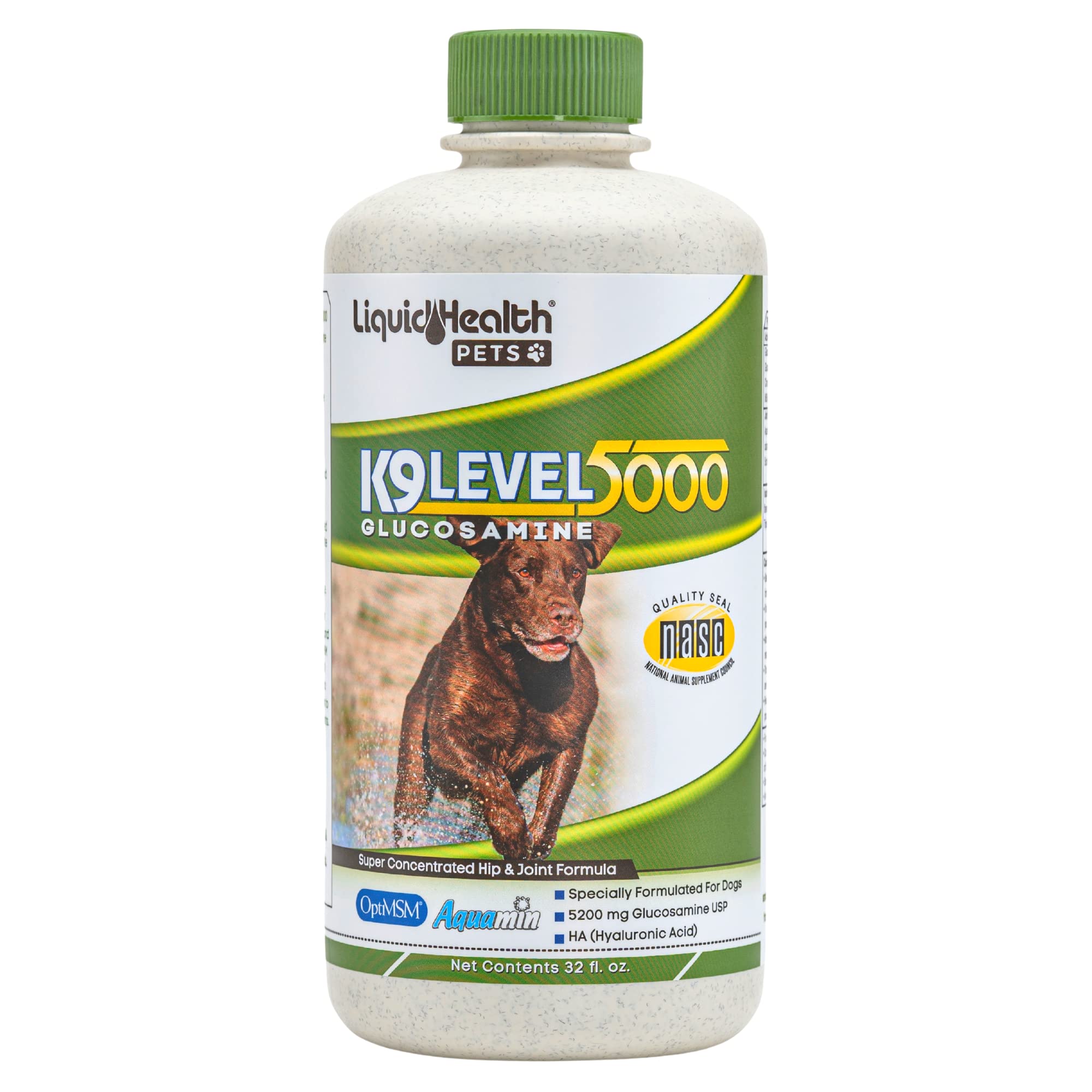 LIQUIDHEALTH K9 glucosamine Level 5000 bottle close-up for joint support