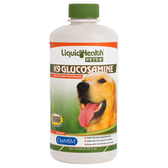 LIQUIDHEALTH K9 glucosamine bottle shows joint-support formula for active dogs