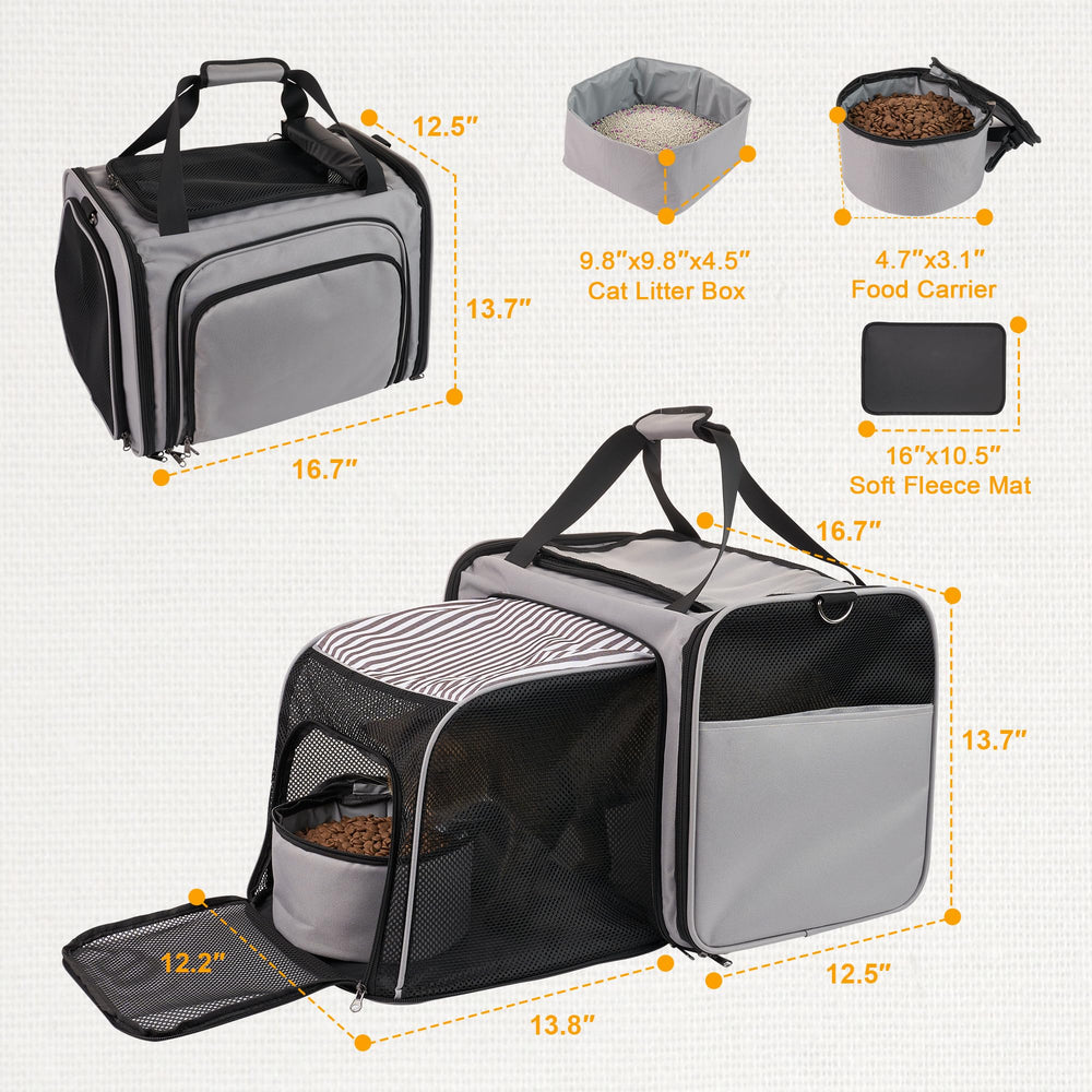 LitaiL cat carrier expandable compartment demonstrates room to stretch on long journeys