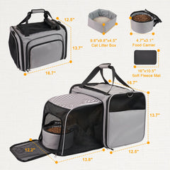LitaiL cat carrier expandable compartment demonstrates room to stretch on long journeys