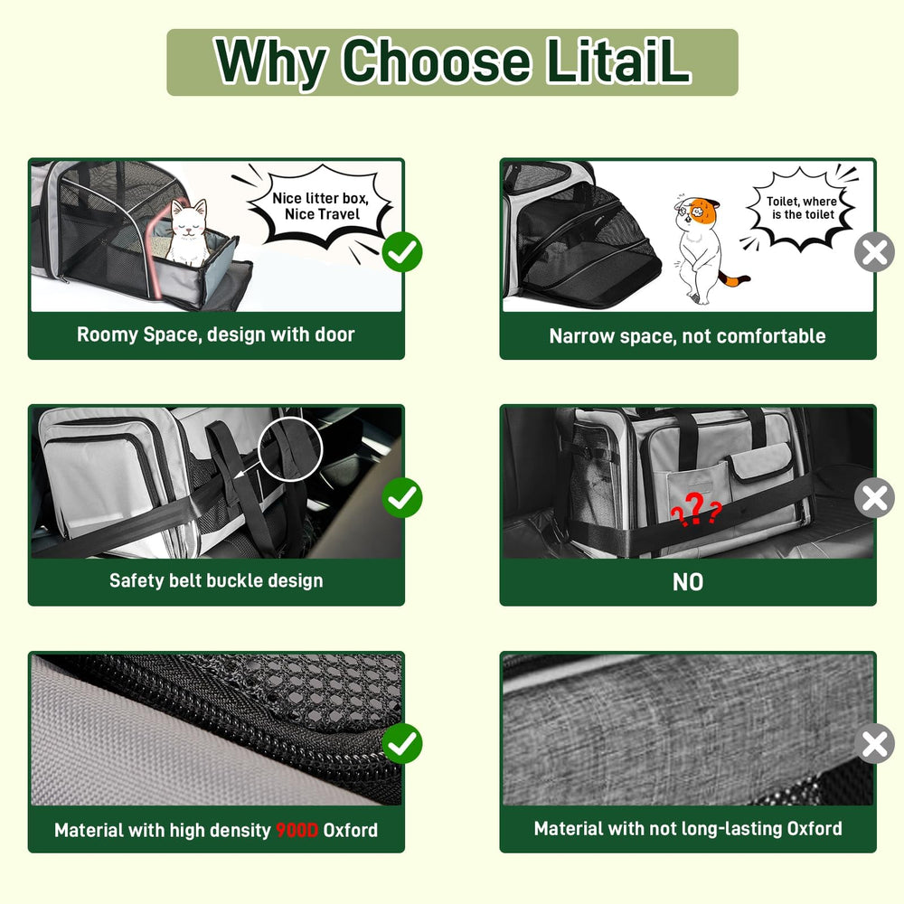 LitaiL cat travel carrier dimensions illustrate roomy, travel-ready measurements