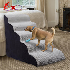 LitaiL dog steps on a high bed with foam-core support.