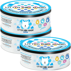 Litter Box Magic deodorizer jar close-up shows long-lasting odor control for litter boxes.