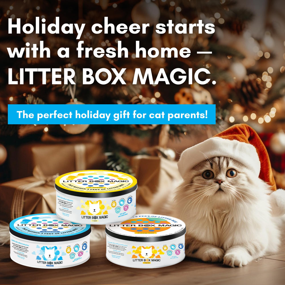 Litter Box Magic deodorizer jar packaging highlights 3-pack for odor control across multiple rooms.