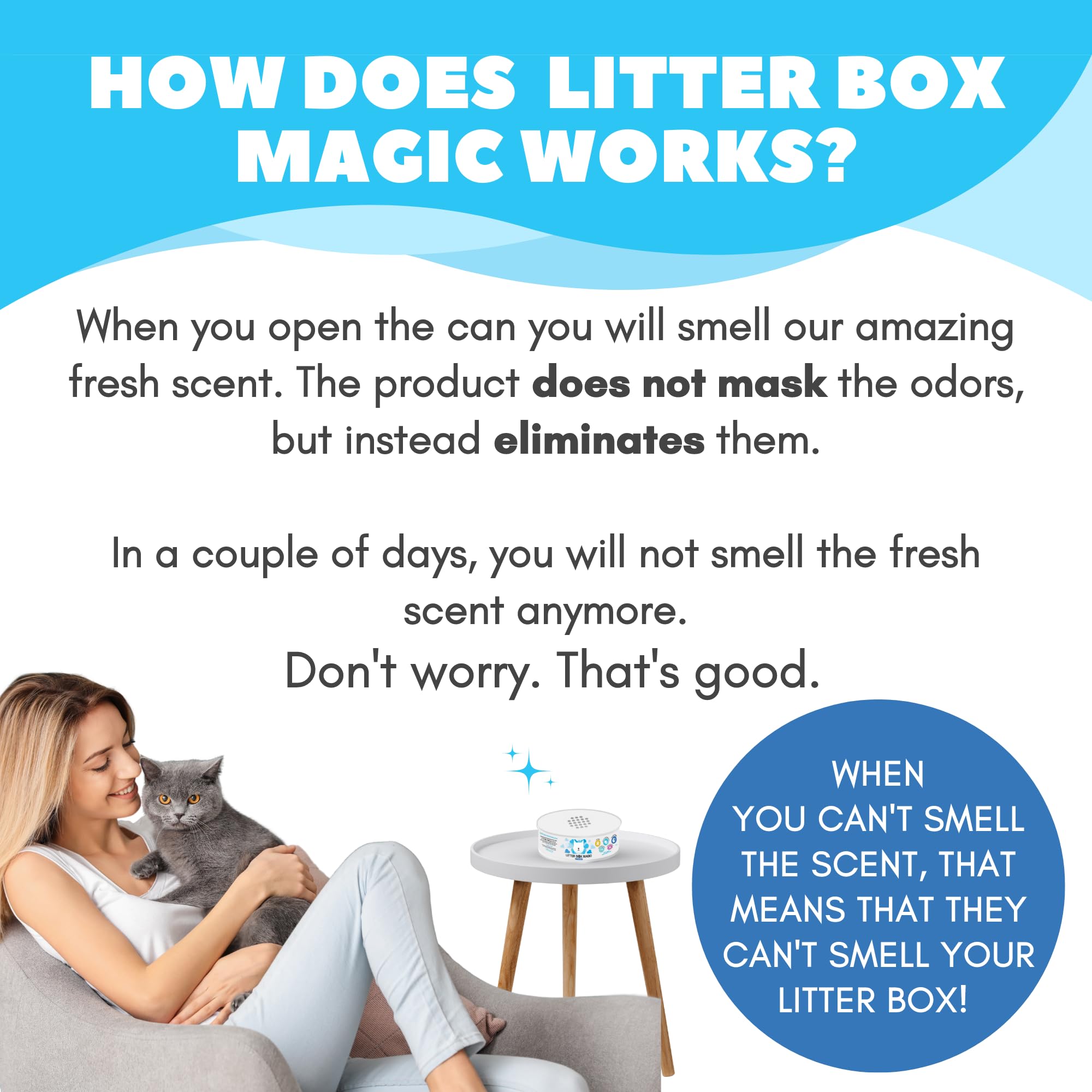 Litter Box Magic deodorizer jar gel visible on shelf enhances air quality.