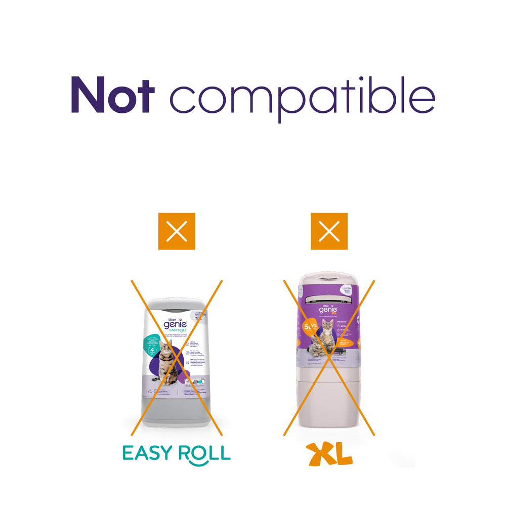 Litter Genie compatibility with Standard, Plus, and XL+ pails demonstrated.