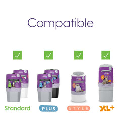 Litter Genie easy-install refill with knot-and-pull replacement shown.