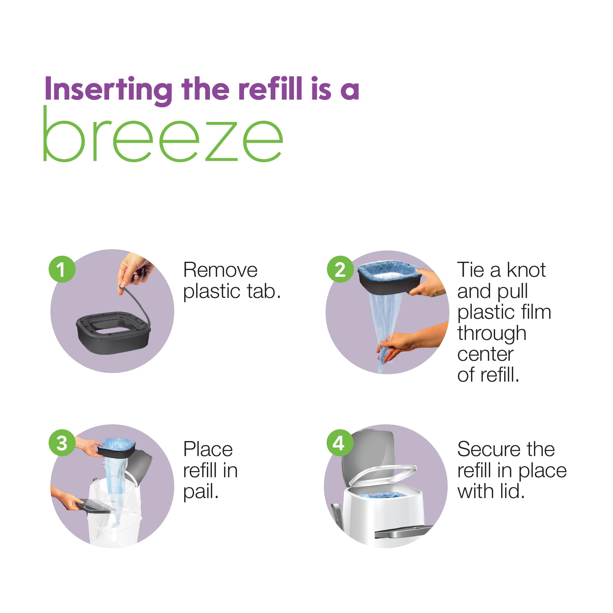 Litter Genie easy to use refill method showing knot and pull for quick replacement.
