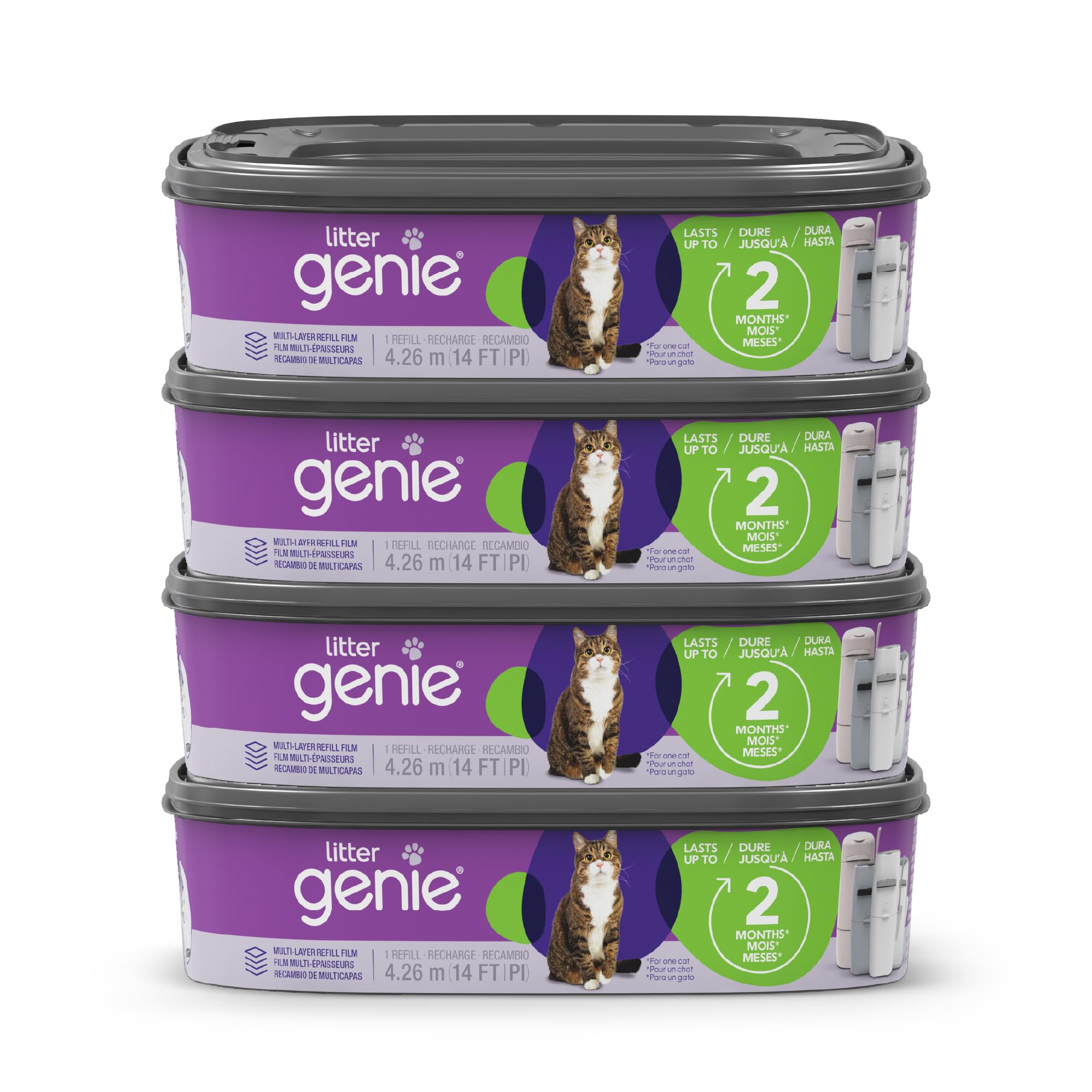 Litter Genie refill bags 4-pack showing multi-layer odor barrier for cleaner litter disposal.