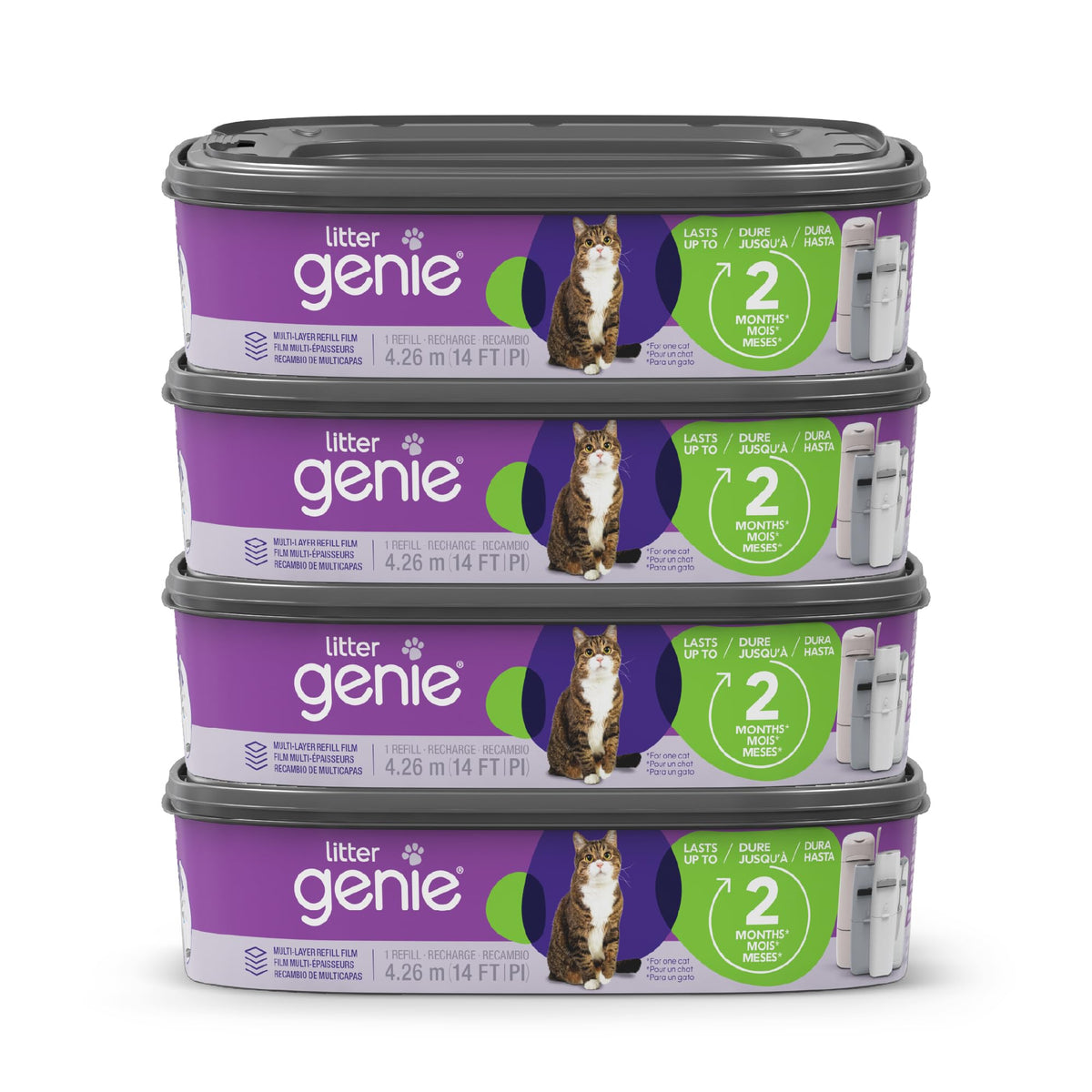 Litter Genie refill bags 4-pack showing multi-layer odor barrier for cleaner litter disposal.