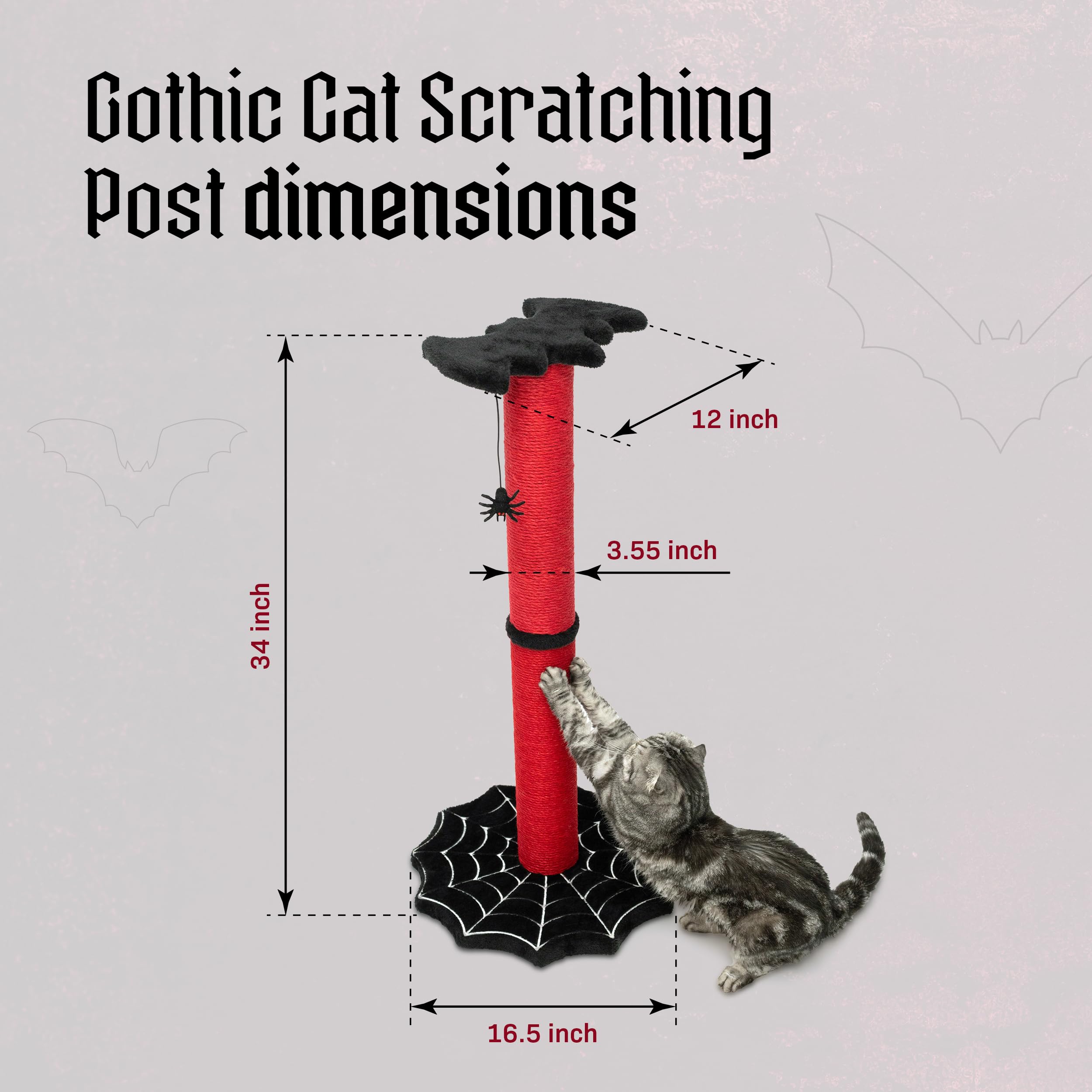 Littlesy Bat-shaped top with spider toy on Gothic Cat Scratching Post provides playful enrichment.