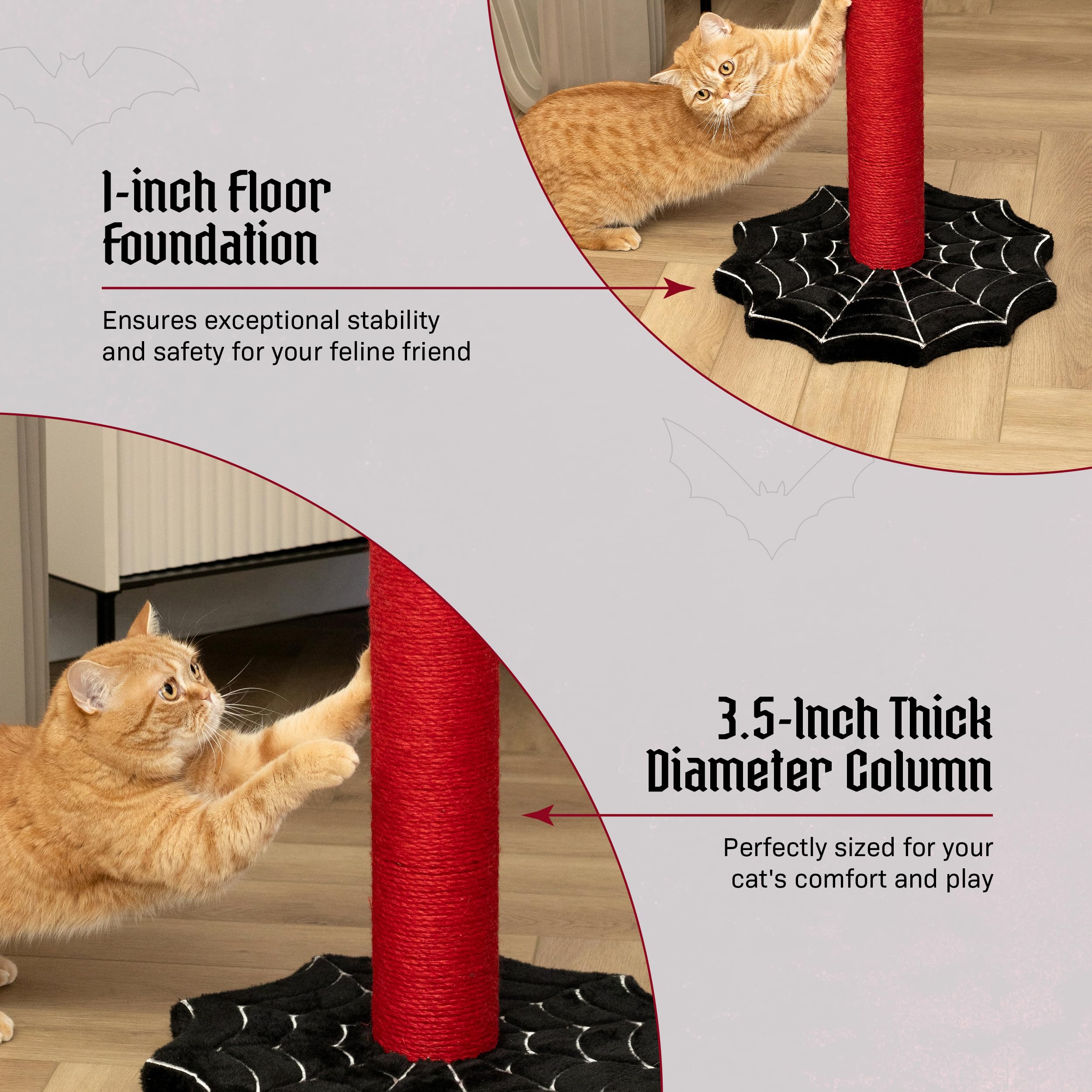 Littlesy Gothic Cat Scratching Post's spider-web floor foundation adds stability for lively cats.
