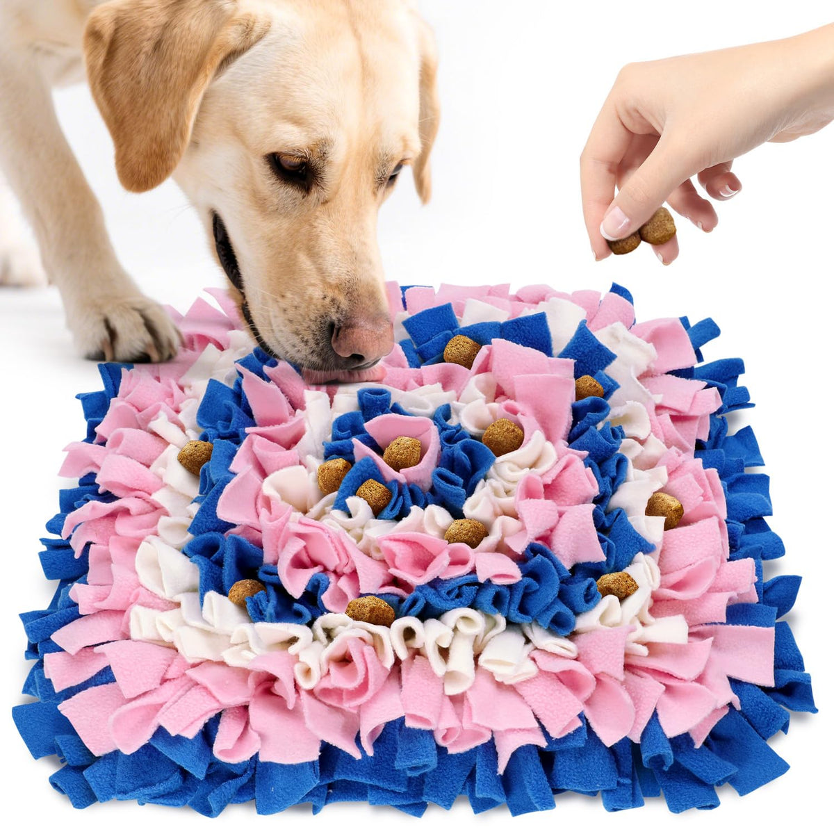LIVEKEY Snuffle Mat top view in blue-pink-white promotes nosework and mental engagement