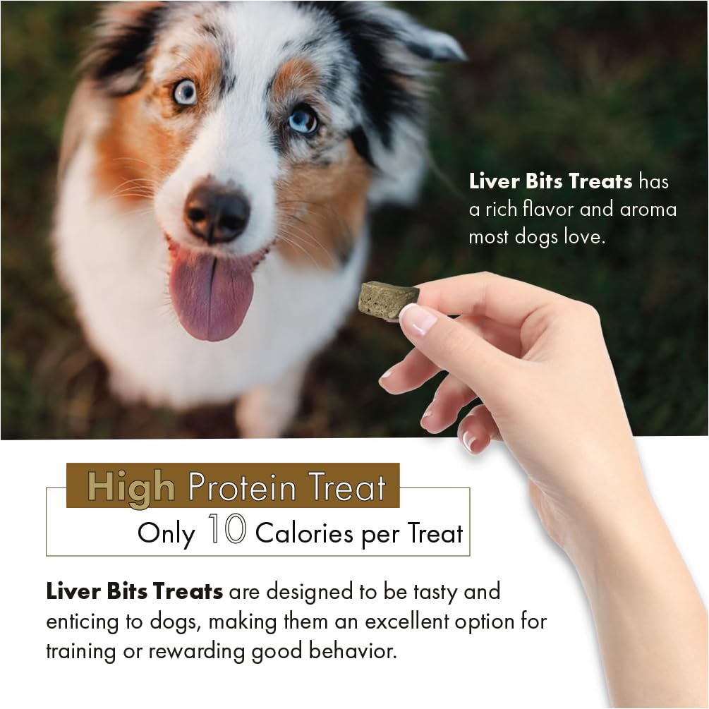 Liver Bits dog eating treat demonstrates quick portioning for training sessions.