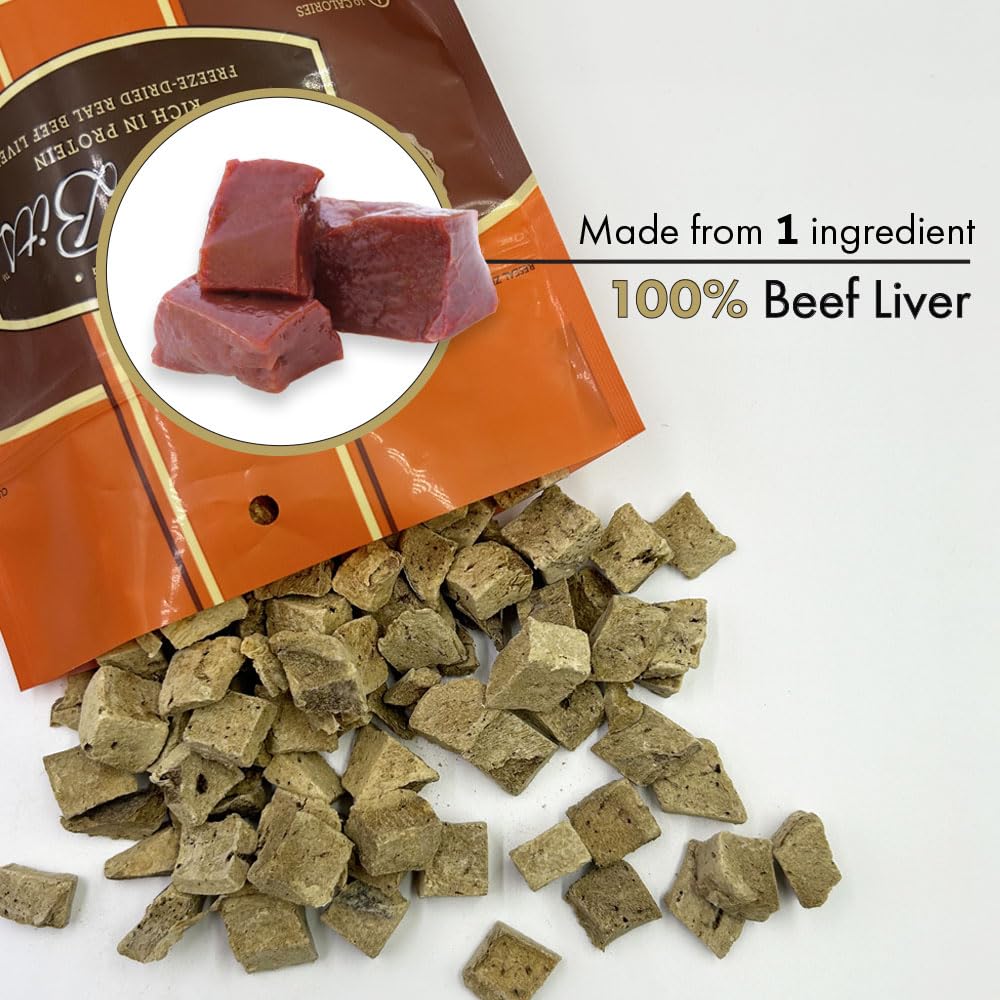 Liver Bits freeze-dried treats closeup with rich beef aroma for training rewards.
