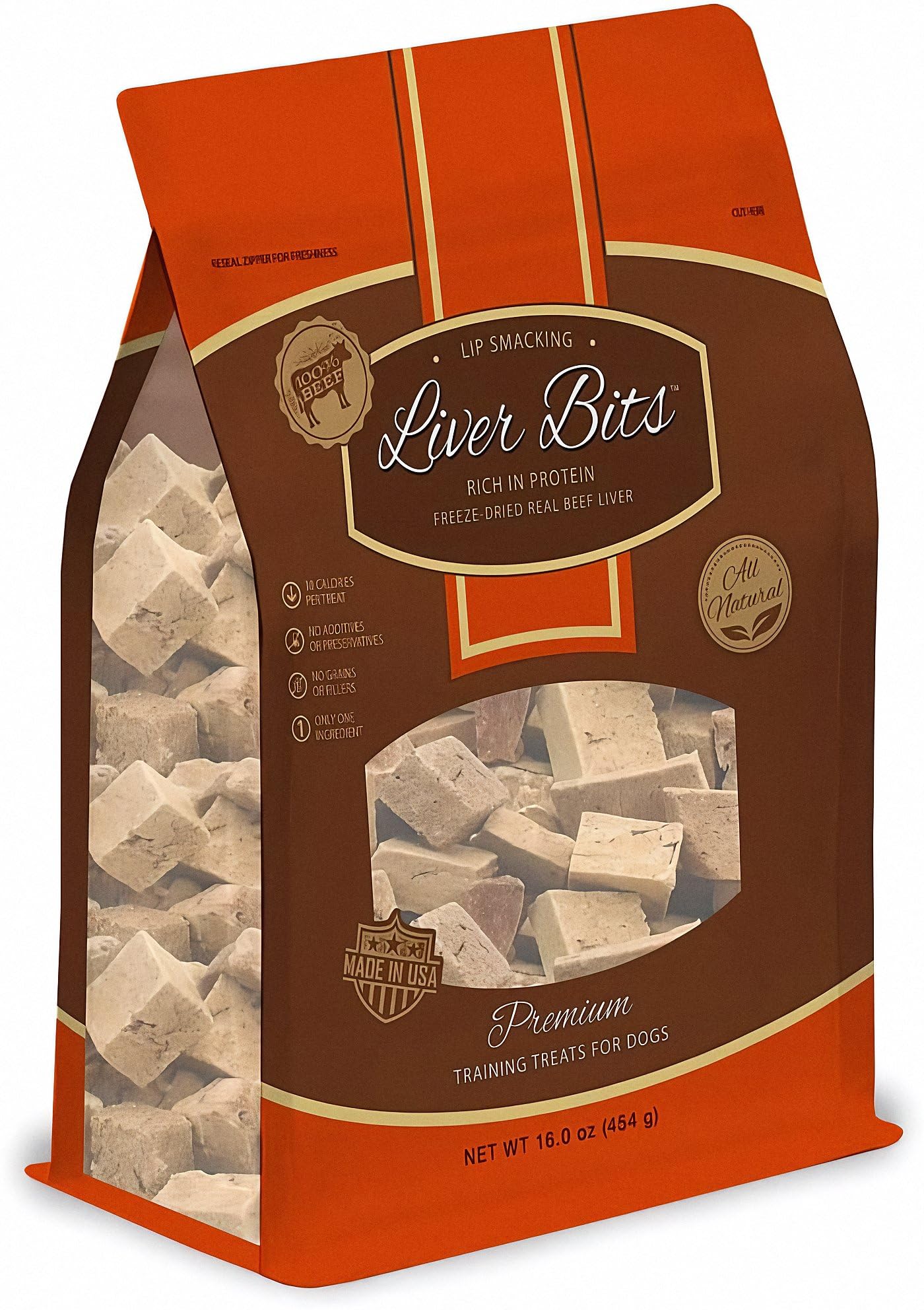 Liver Bits packaging shows USA-made premium training treats for dogs.