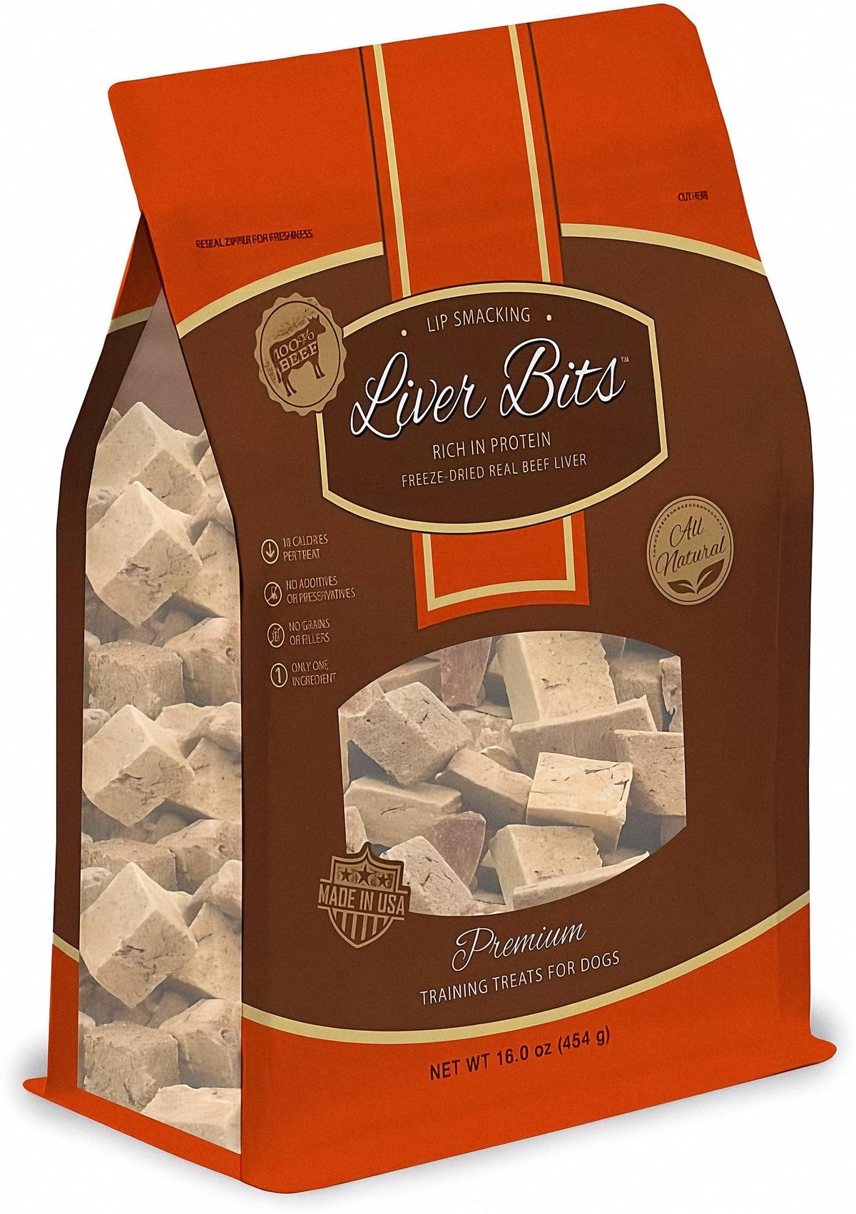 Liver Bits packaging shows USA-made premium training treats for dogs.