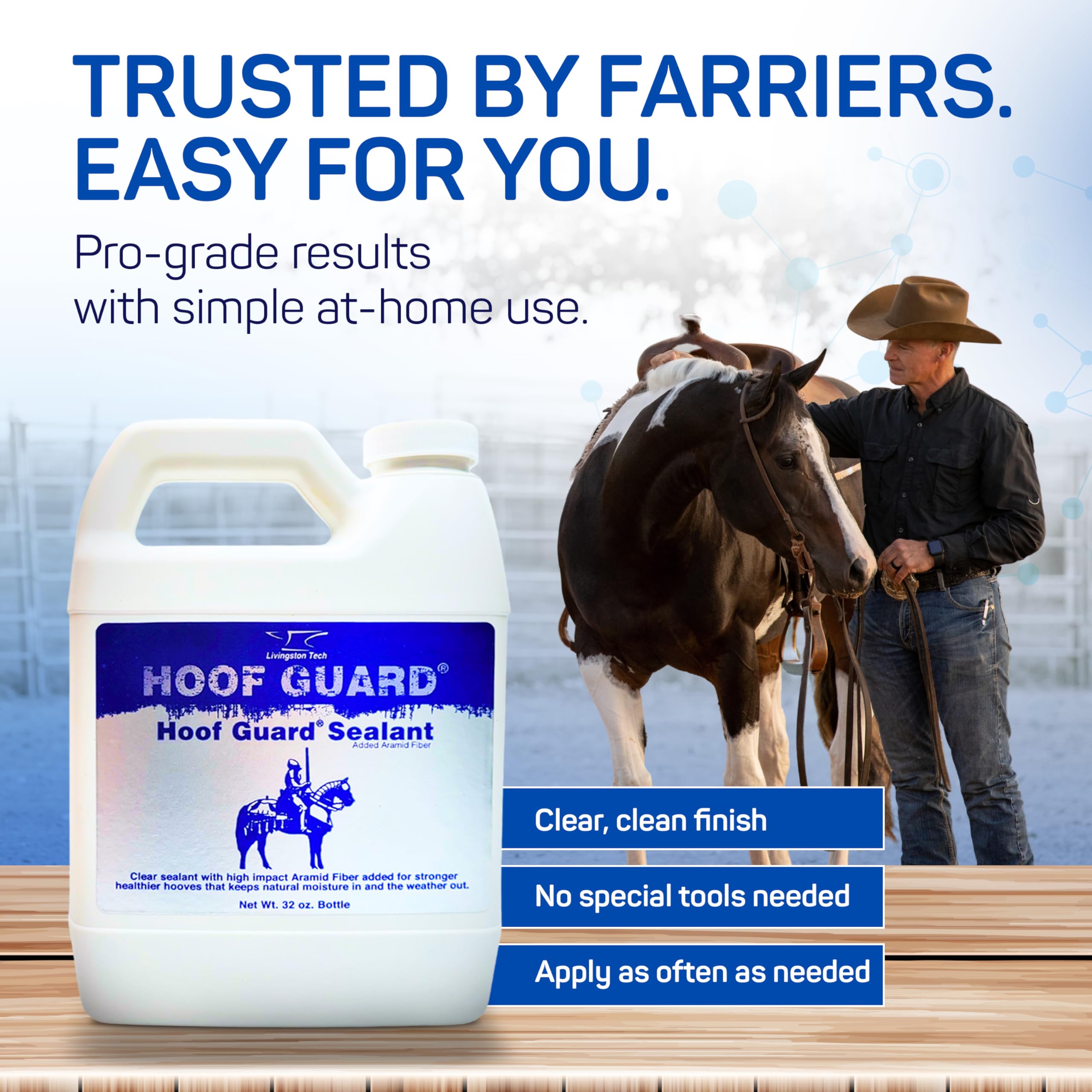 32oz bottle provides pro-grade hoof protection for ongoing maintenance with Livingston Tech Hoof Guard Sealant.
