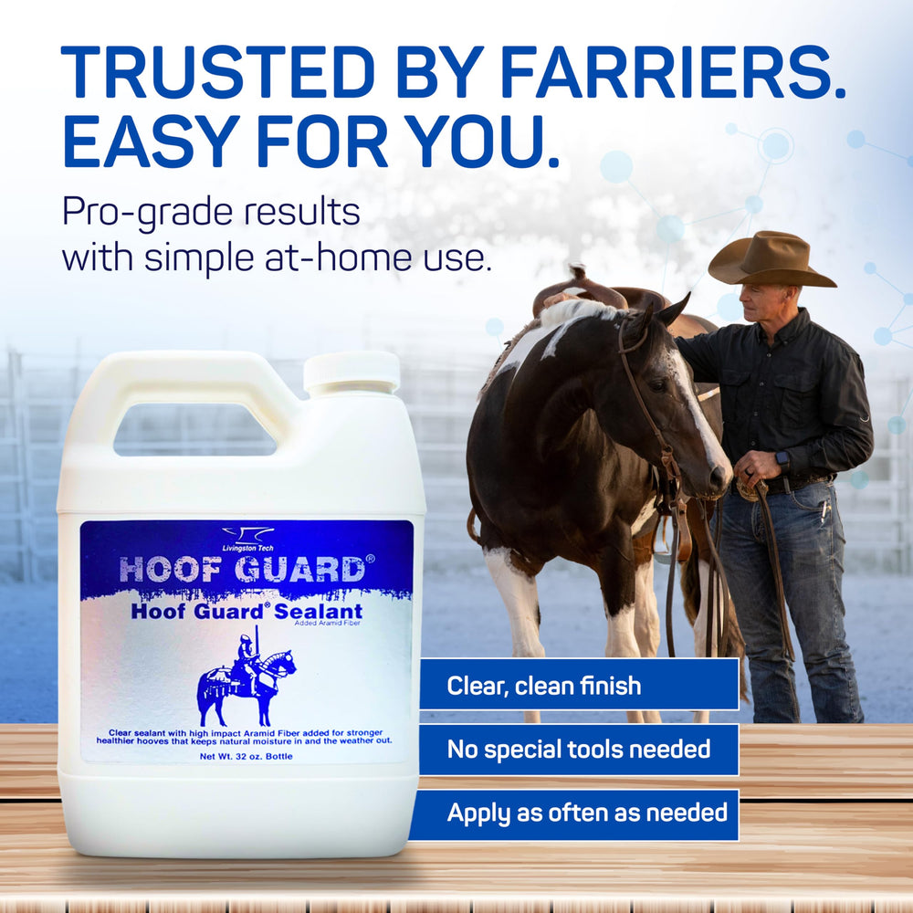 32oz bottle provides pro-grade hoof protection for ongoing maintenance with Livingston Tech Hoof Guard Sealant.