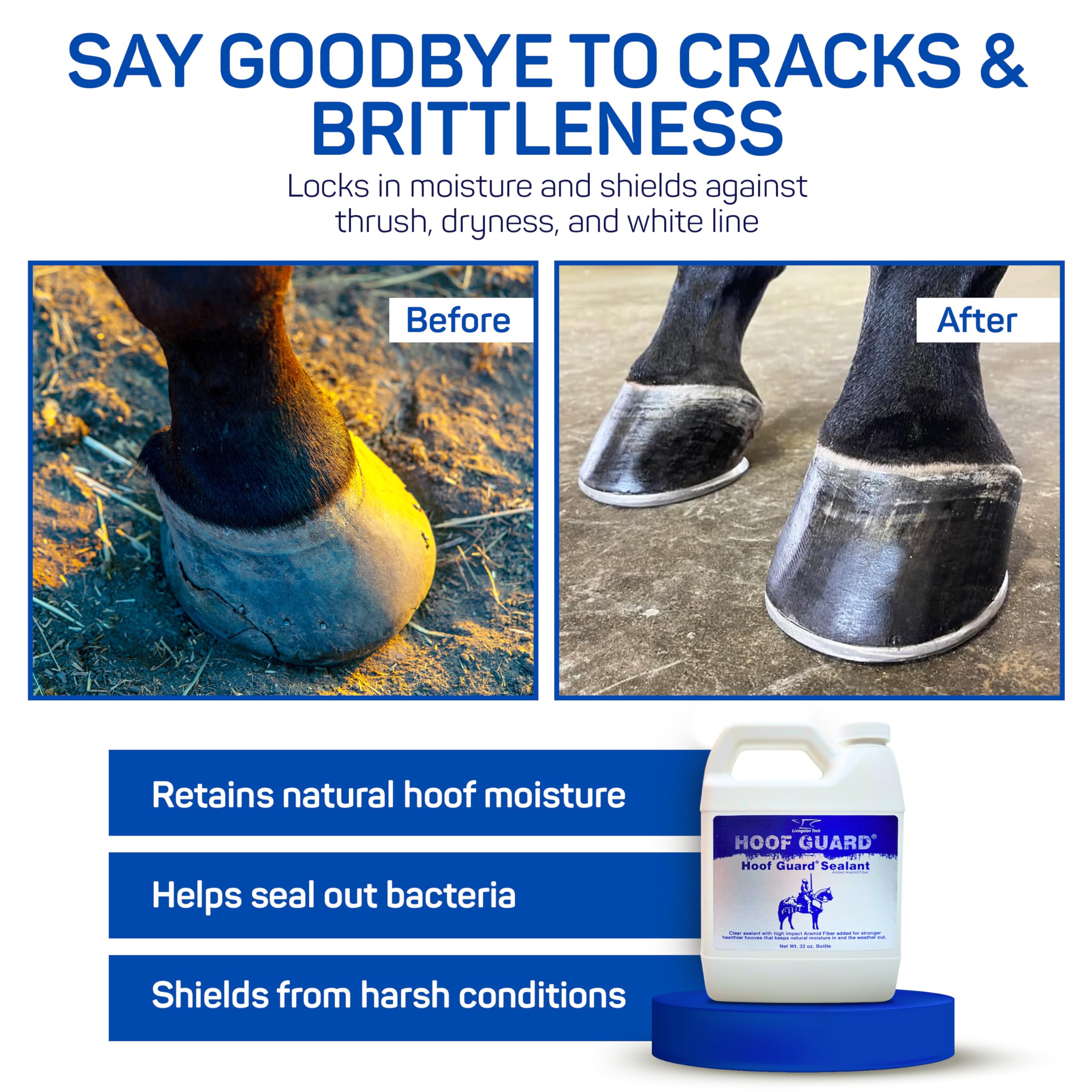 Closeup shows cracks and holes sealed by Livingston Tech Hoof Guard Sealant.