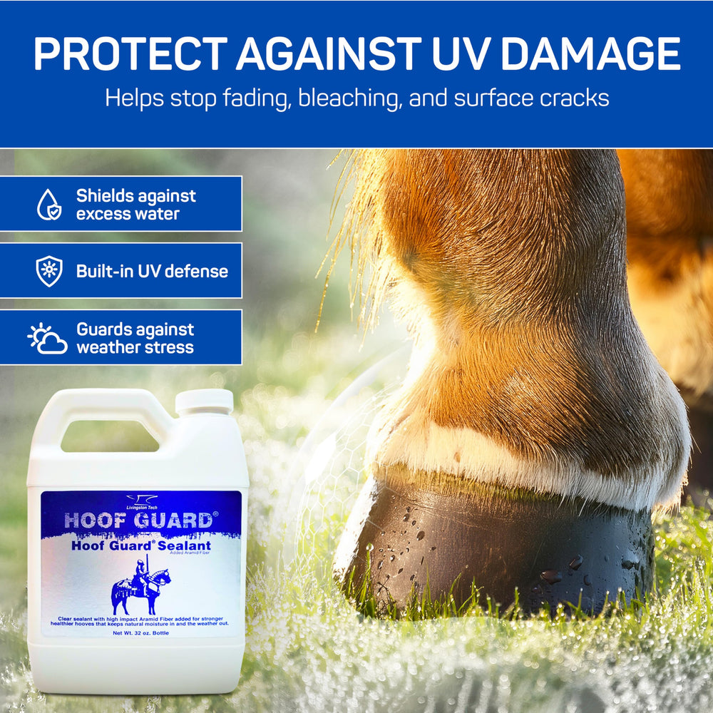 Breathable moisture barrier locks in natural hoof moisture with Livingston Tech Hoof Guard Sealant.